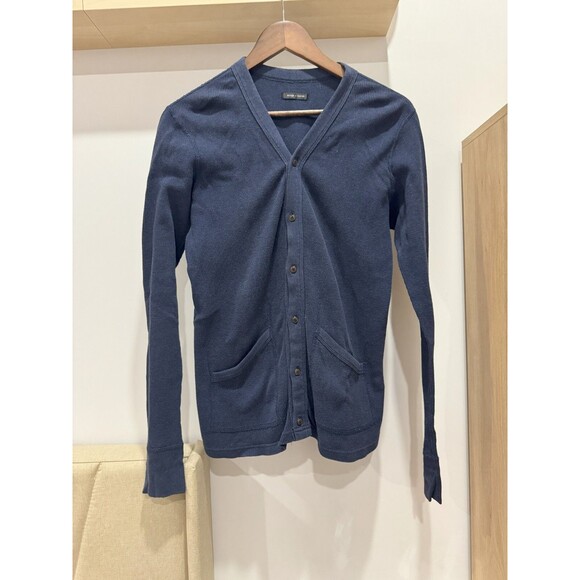 wings+horns Mens S Blue Waffle Knit Button Front V-Neck Cardigan Casual Thermal - Picture 1 of 6